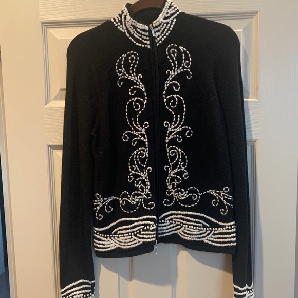 White House Black Market Sweaters - White House Black Market Black/Ivory Double Zip Cardigan Sweater sz M